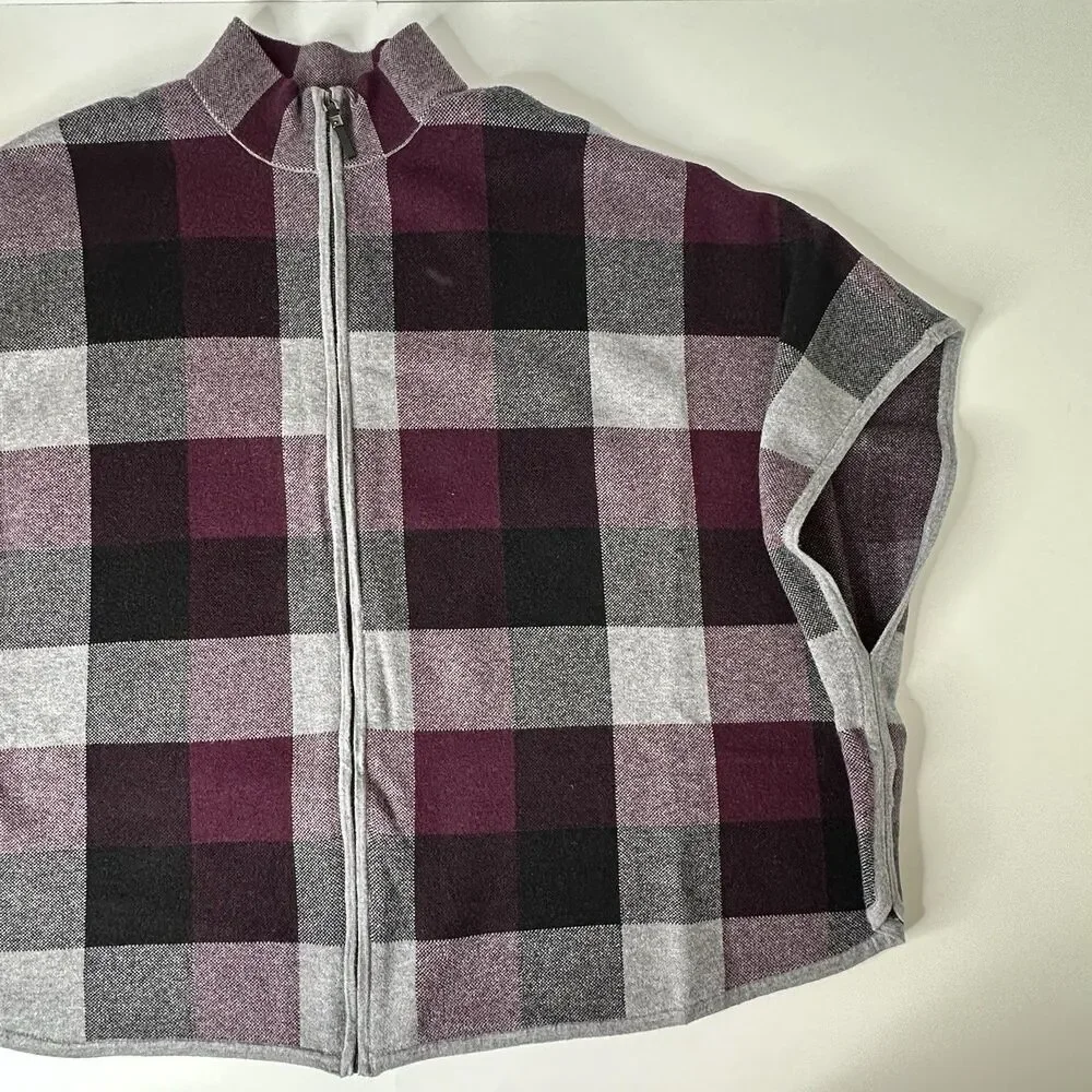 Tahari Plaid Zip Up Poncho Sweater Sz L XL Fall Stadium Game Layer Preppy Travel